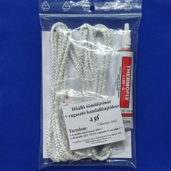 Üvegszálas tömítő zsinór FEHÉR 450 °C 4 mm és ragasztó 1100 °C - készlet Üvegszálas textilüveg tömítő zsinór FEHÉR 450 °C 4 mm és ragasztó 1100 °C - készlet